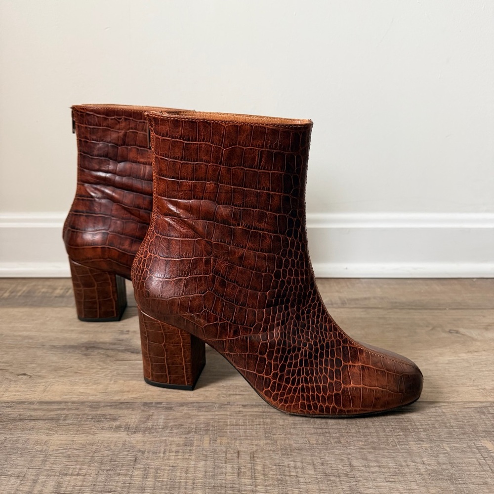 Free People Cecile Brown Croc Embossed Ankle Boots - Picture 2 of 10